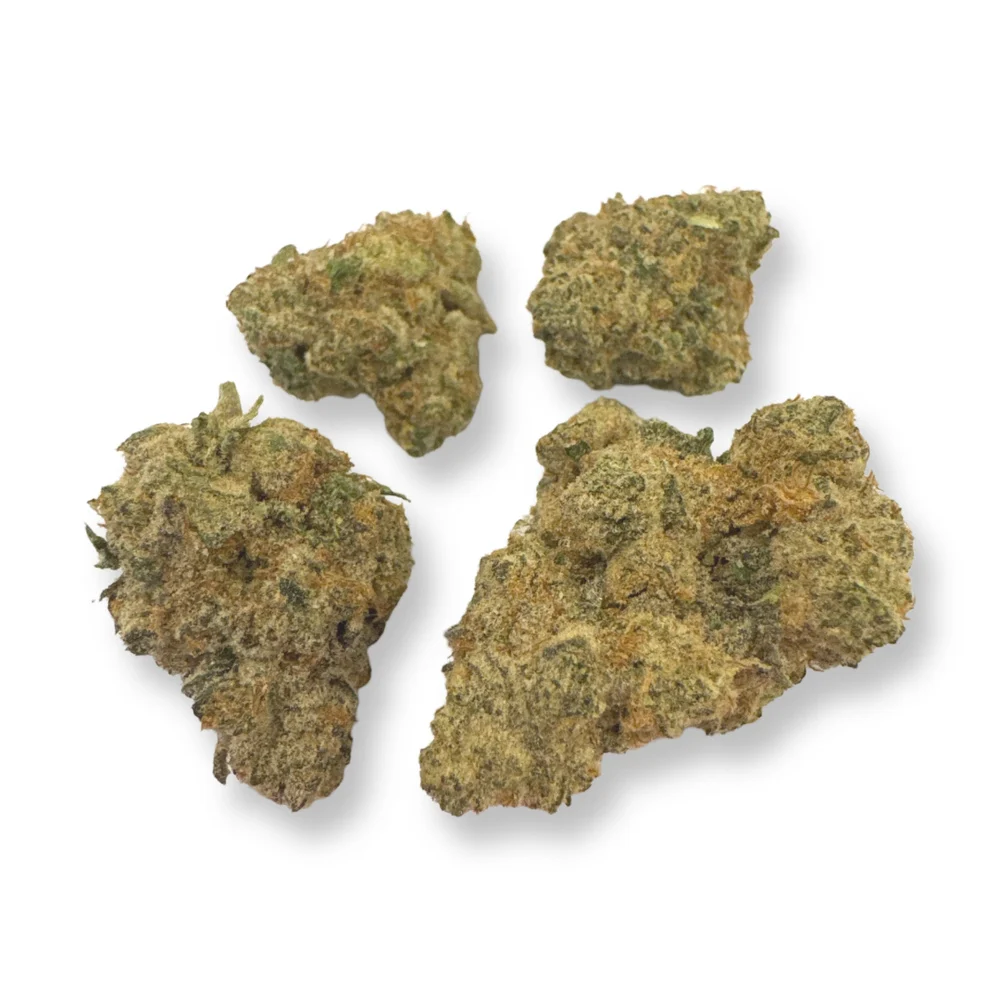Four dense cannabis buds with green and orange hues on a white background.