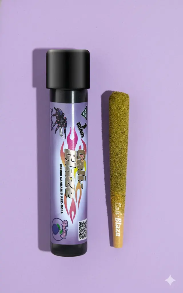 Pre-rolled cannabis joint coated with kief alongside its black container labeled 'Daily Blaze' with flame graphics on a lavender background.