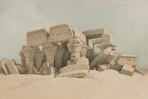 Ruins of ancient stone pillars and structures scattered on a sandy desert landscape.