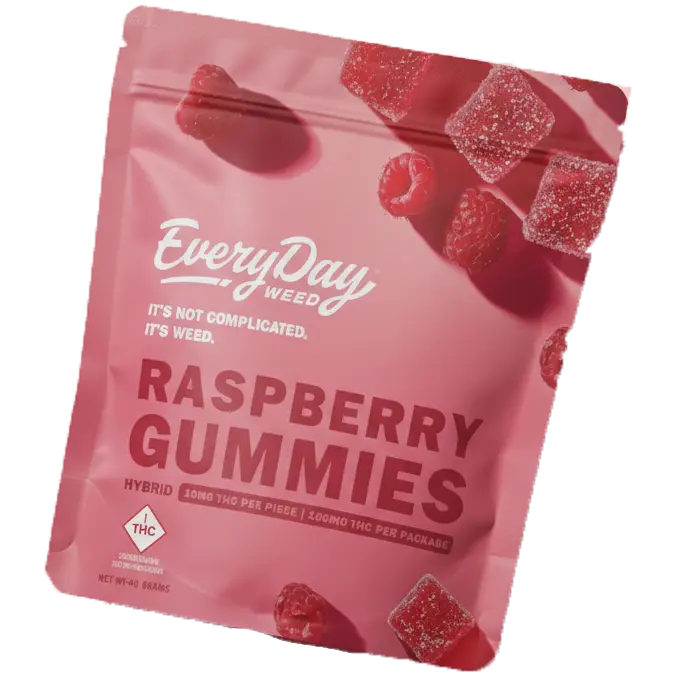 Pink package of EveryDay Weed Raspberry Gummies hybrid with 10mg THC per piece containing raspberry-shaped and square gummies.