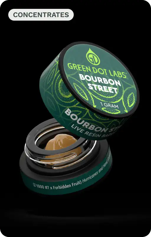 Open Green Dot Labs Bourbon Street live resin concentrate container showing 1 gram of amber resin inside.