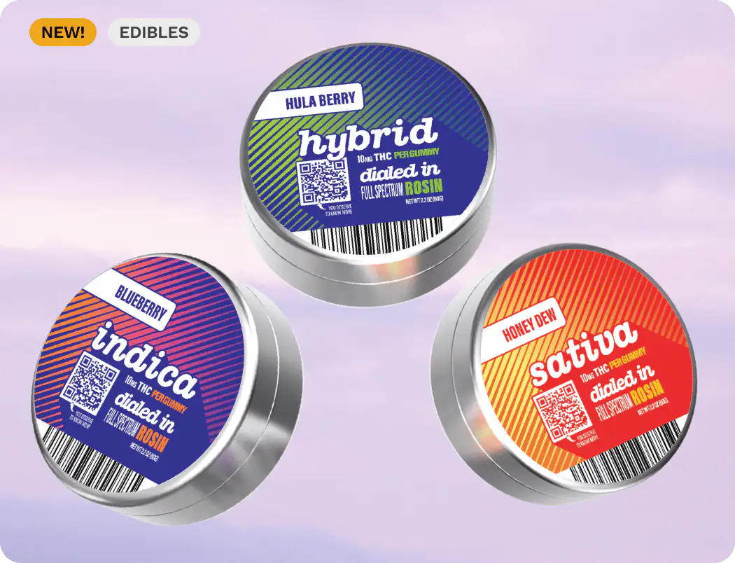 Three round metal tins with colorful labels for THC edibles: Blueberry Indica, Hula Berry Hybrid, and Honey Dew Sativa, each containing 10mg THC per gummy.