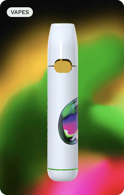 White vape pen with a colorful circular design on its lower half against a blurred multicolored background.