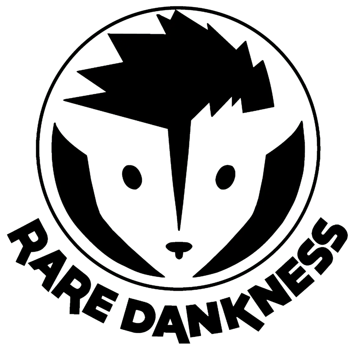 Black and white circular logo featuring a stylized animal face with spiky hair above text reading 'RARE DANKNESS'.