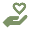 Green hand icon holding a heart shape above it.
