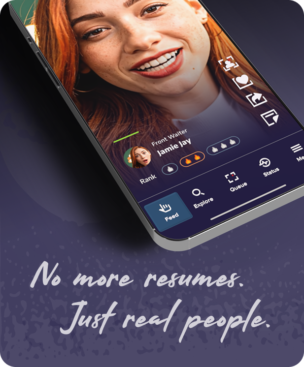 A cell phone displaying hire me up mobile app with text "No more resumes. Just real people."