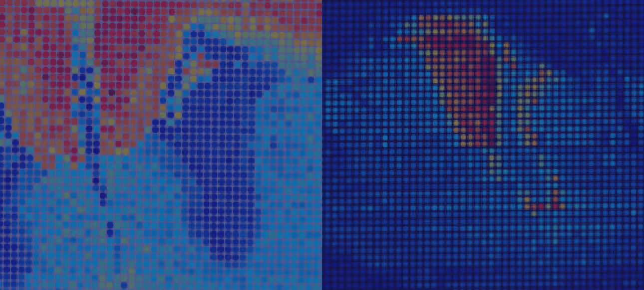 Side-by-side digital heat map visualizations with blue, red, and orange areas on a grid pattern background.