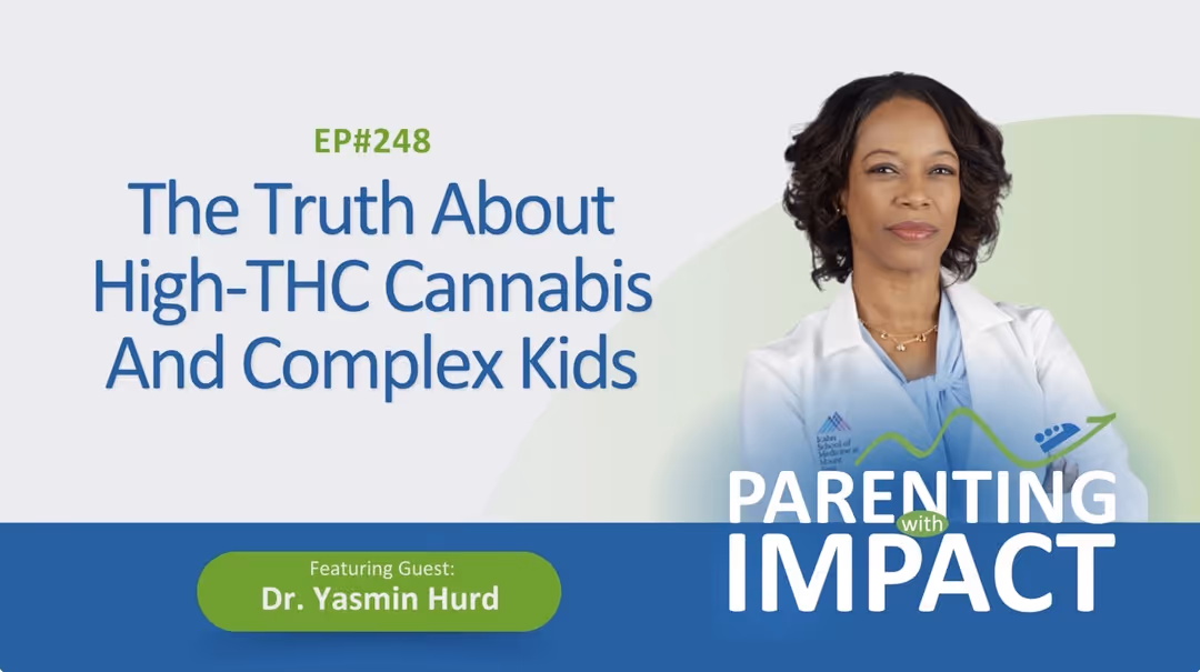 Headshot of Yasmin Hurd in a lab coat, next to the Podcast logo