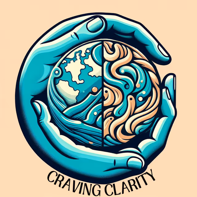 Image of the "Craving Clarity" podcast logo, with illustrated blue hands holding an abstract brain