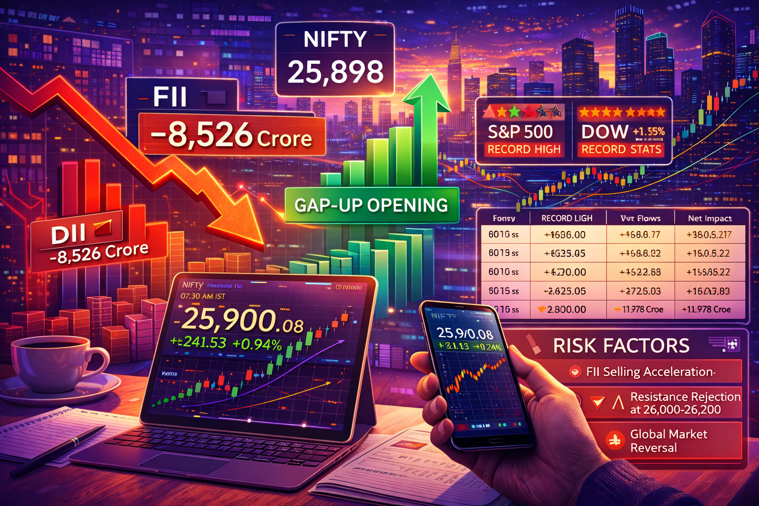 December 12, 2025 | Nifty Eyes 26,000 Breakout as GIFT Signals +240 Gap-Up, FIIs Sell ₹8,526 Cr in 5 Days, and US Indices Hit Record Highs