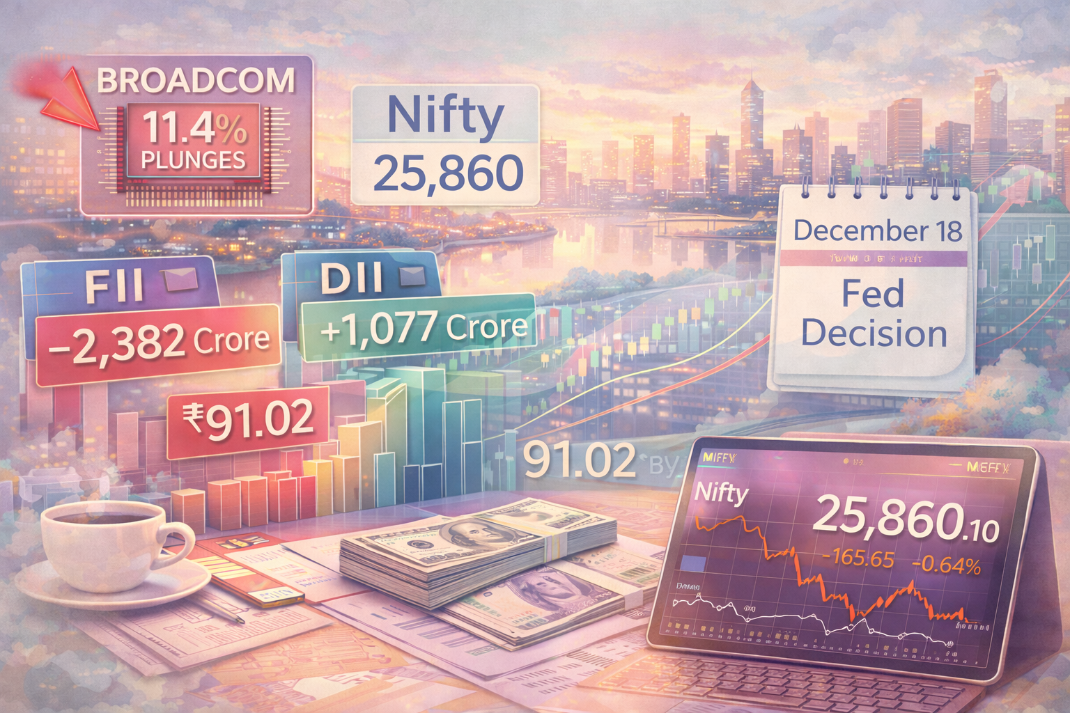 December 17, 2025 | Nifty Slips to 25,860 as 10-Day FII Selling Streak Extends, Fed Decision Looms, and Semiconductor Push Nears Milestone