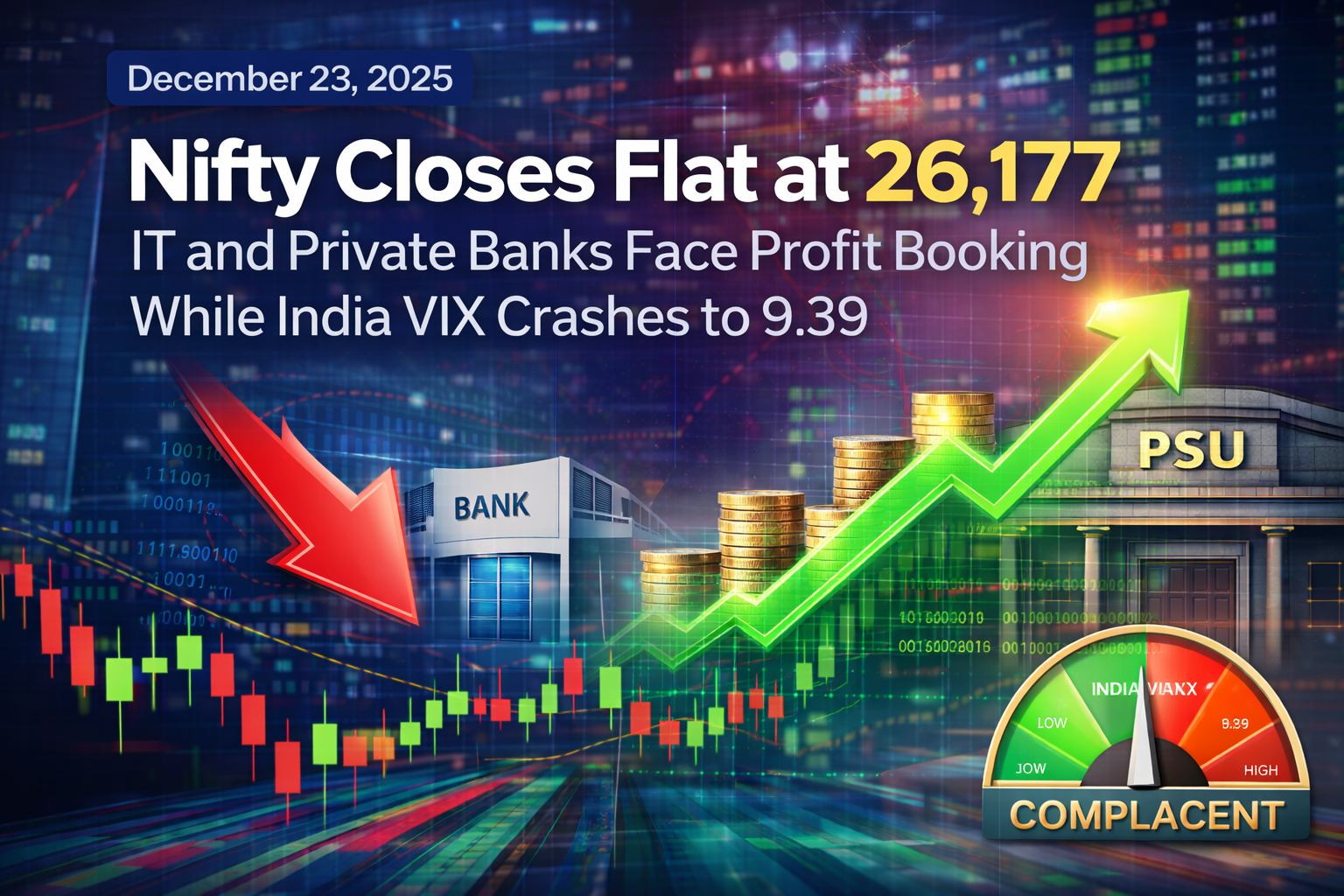 December 23, 2025 | Nifty Closes Flat at 26,177 as IT and Private Banks Face Profit Booking While India VIX Crashes to 9.39