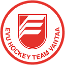 EVU Hockey Team Vantaa -logo, jossa punainen kilpimuotoinen kilpi ja teksti ympyränmuotoisesti kilven ympärillä.