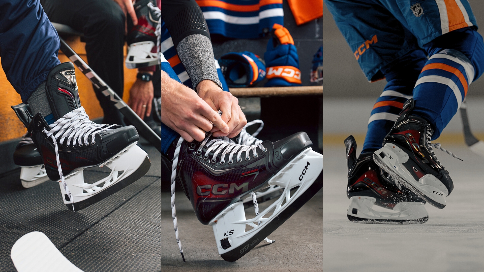 Person trying on hockey skates and using them