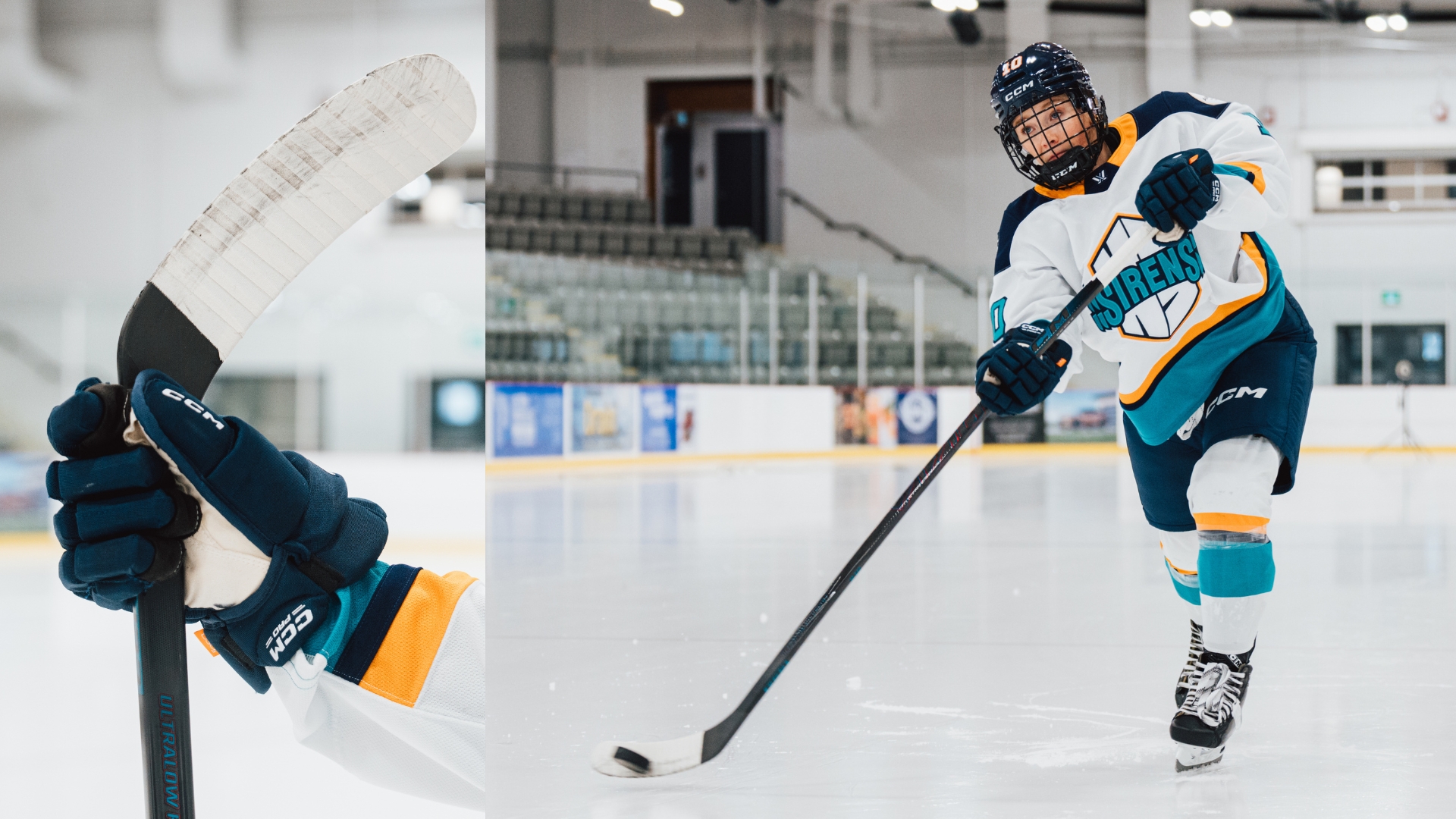 Pelaaja pitää Jääkiekkomailaa kädessä ja sama pelaaja laukaisee rannelaukauksen jääkiekkomailalla