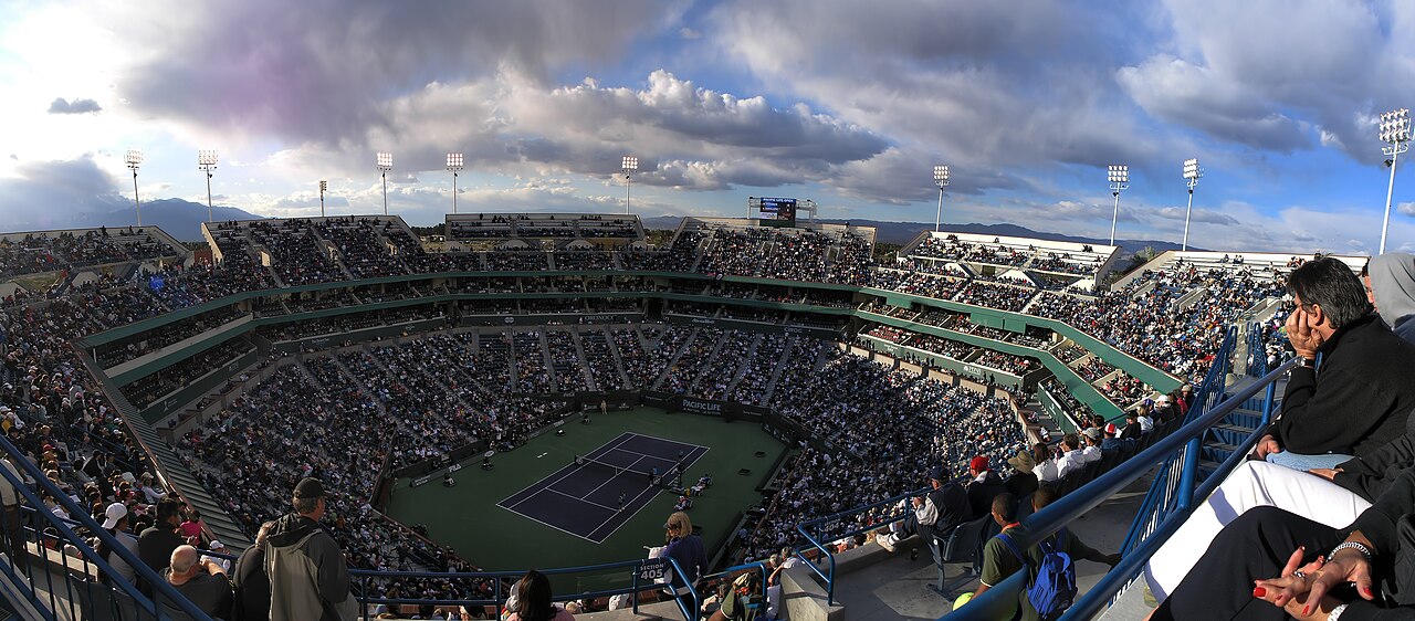 Indian Wells Tennis Garden, Stadium 1. Roger Federer is playing a match in the 2008 Pacific Life Open.
