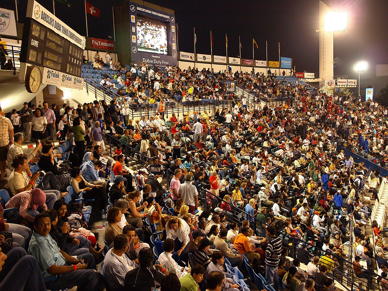 Crowd at the Dubai Tennis Stadium during a semi-finals match between Andy Rodick and Novak Djokovic in March, 2008.