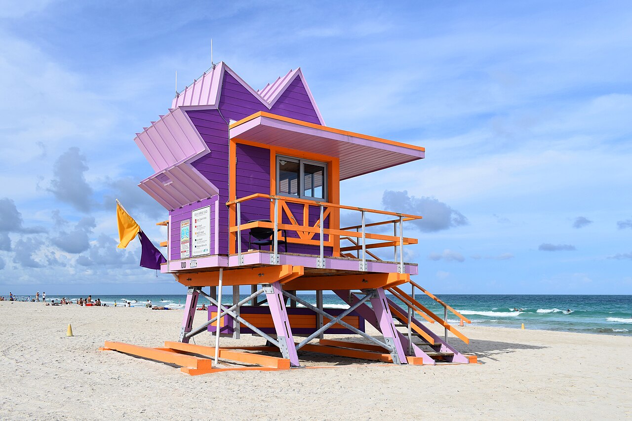 View from south to a lifeguard stand in South Beach, Florida. US architect William Lane is responsible for the Art Deco 