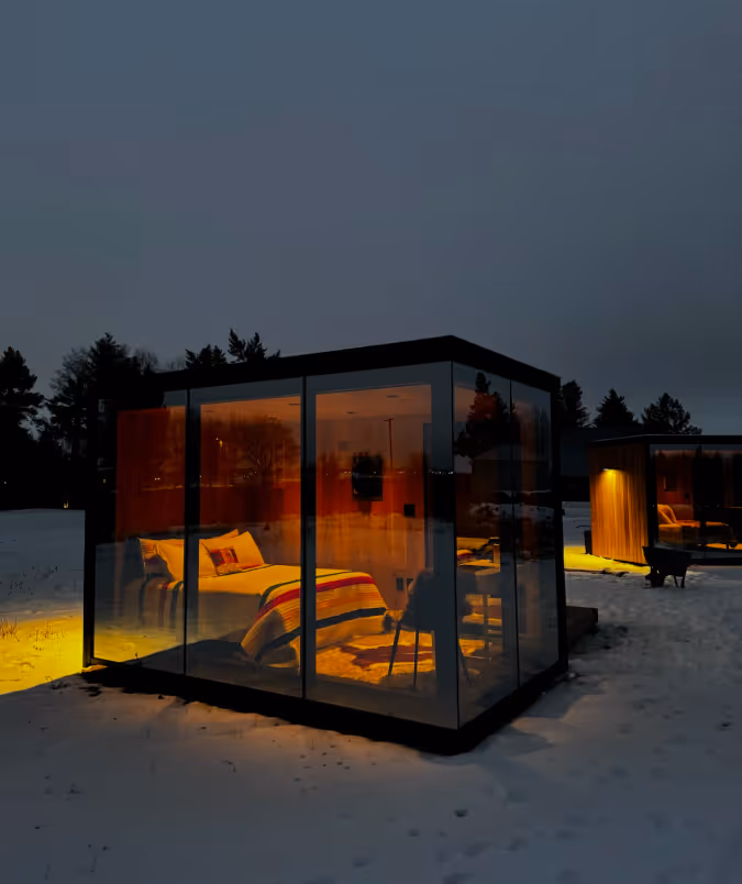 Interior of a luxury mirrored cabin at Highland Ranch near Glacier National Park