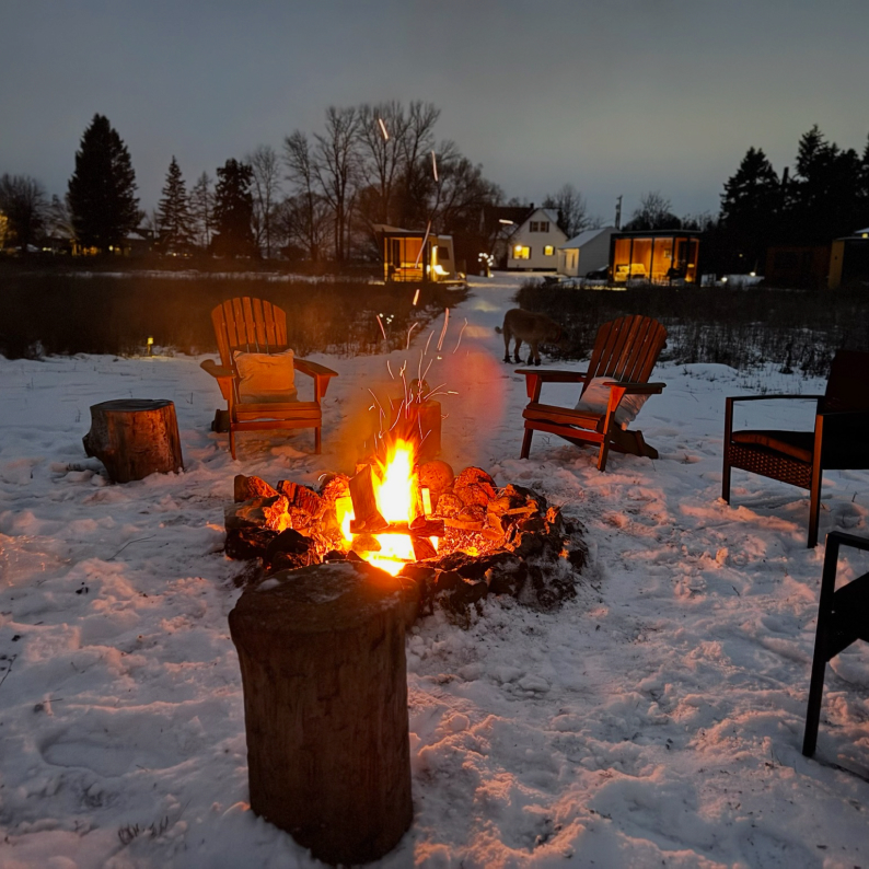 Outdoor fire pit with glowing flames surrounded by wooden chairs and tree stumps on snow-covered ground at dusk.