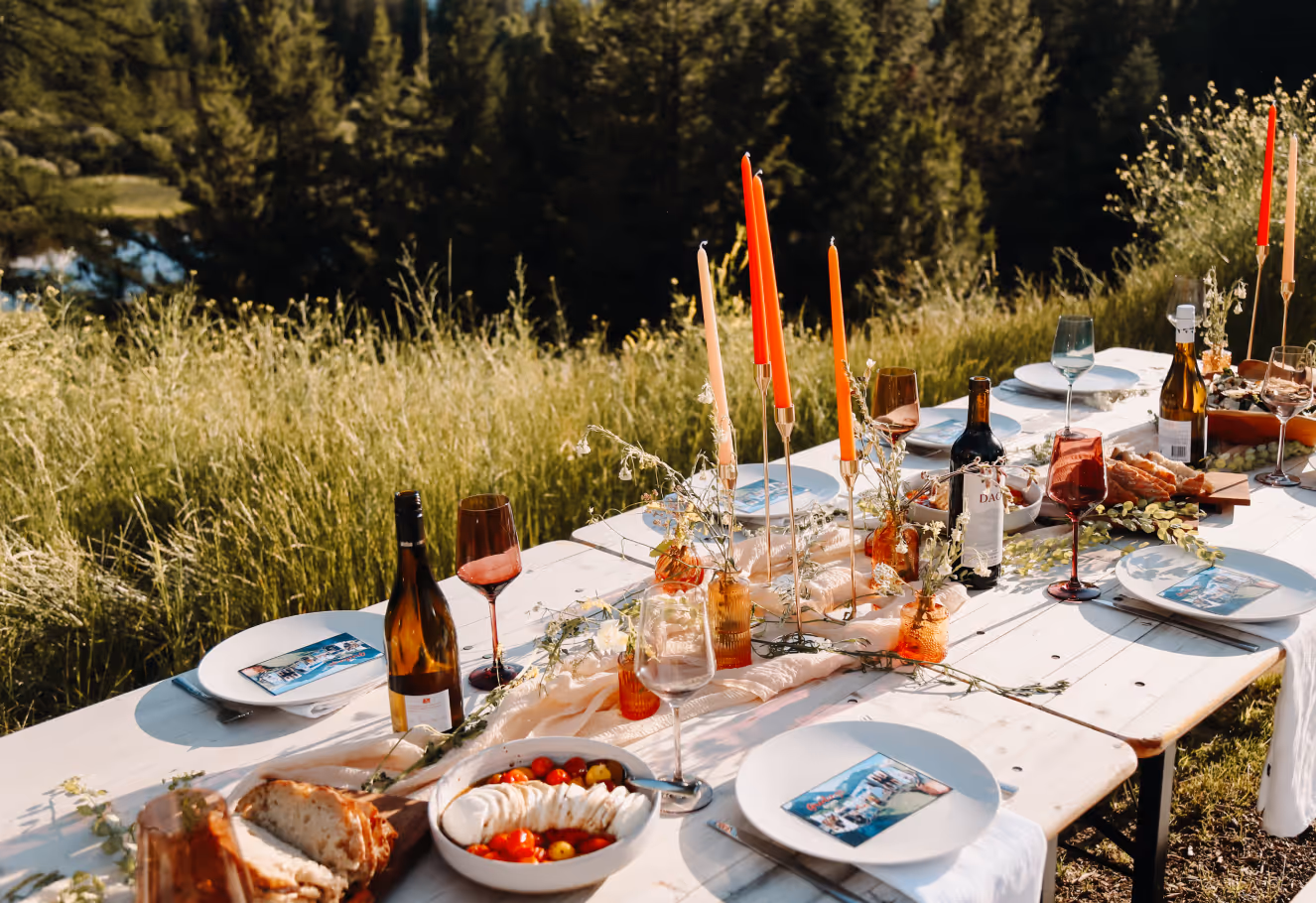 Wedding reception setup with mountains in background at Highland Ranch