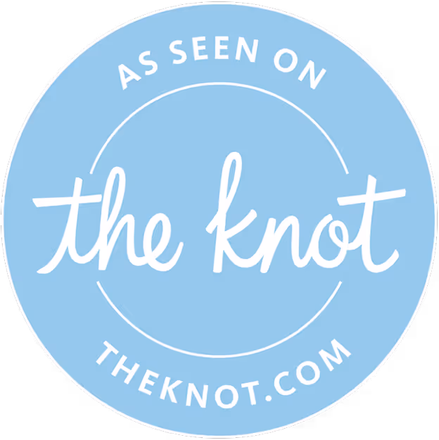 Blue circular badge with white text reading 'As Seen on the knot theknot.com'.