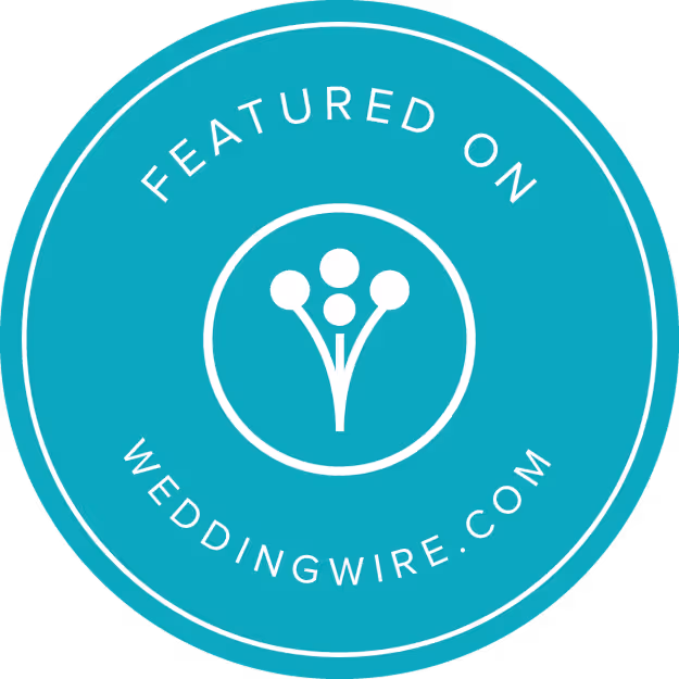 Badge with text 'Featured on WeddingWire.com' and a stylized flower icon in the center.