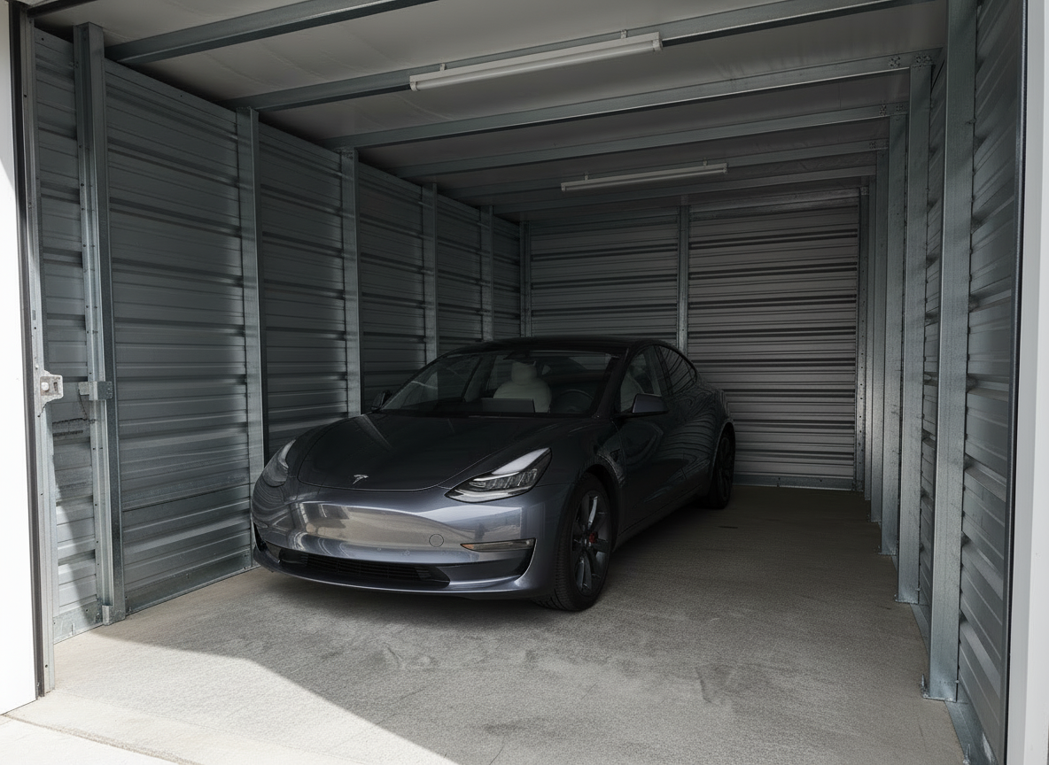 Outdoor self-storage facility with multiple metal storage units, yellow bollards, asphalt driveway, and surveillance cameras.