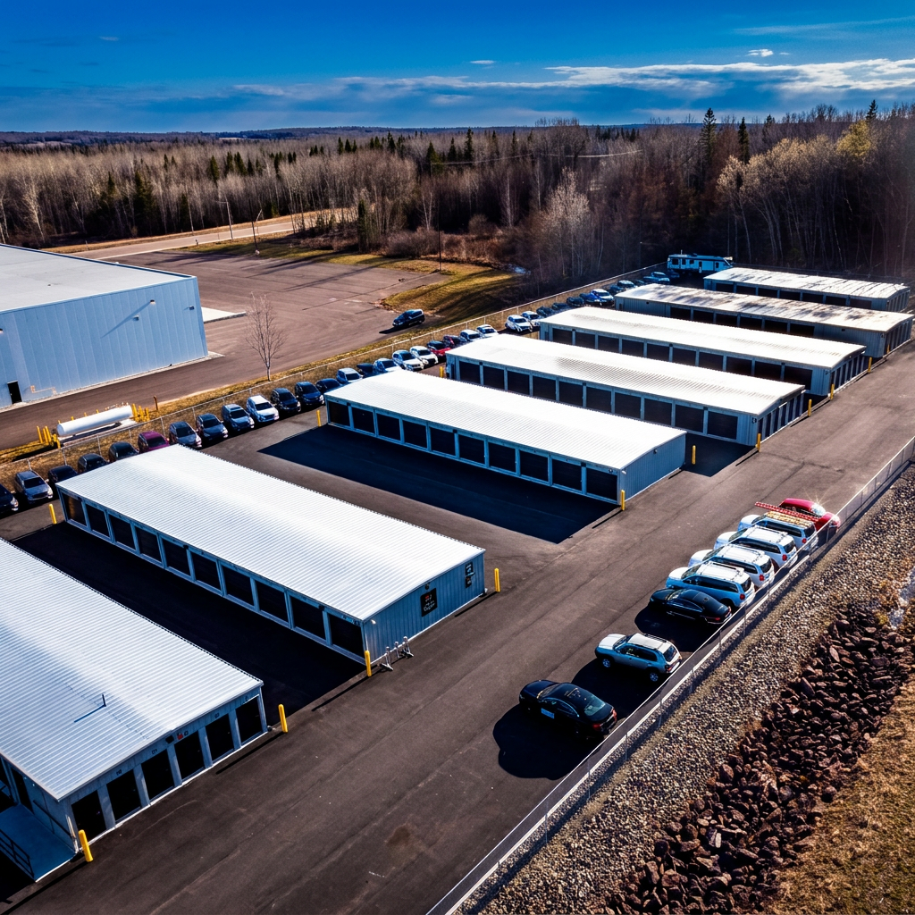 Outdoor self-storage facility with multiple metal storage units, yellow bollards, asphalt driveway, and surveillance cameras.