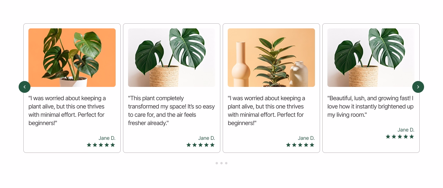 Customer review carousel on an ecommerce product page shows plant photos and testimonials with five-star ratings.
