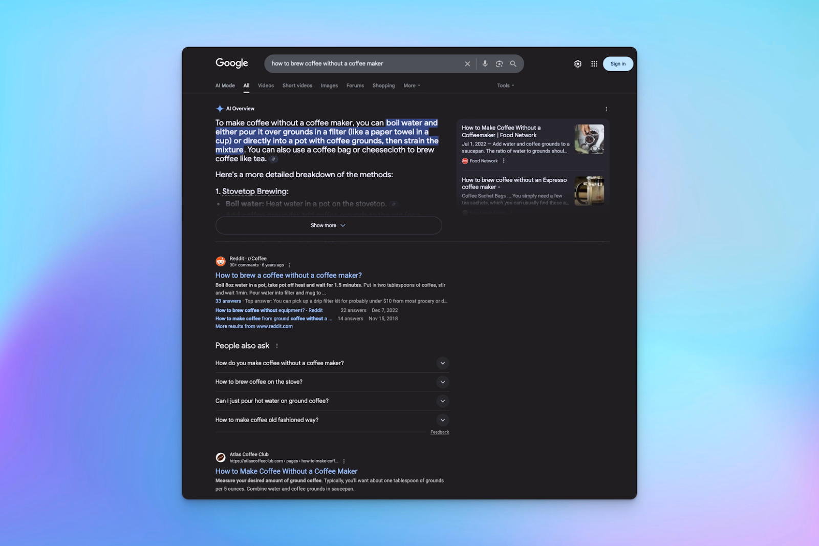 A Google search results page shows instructions and links for making coffee without a coffee maker using simple methods.