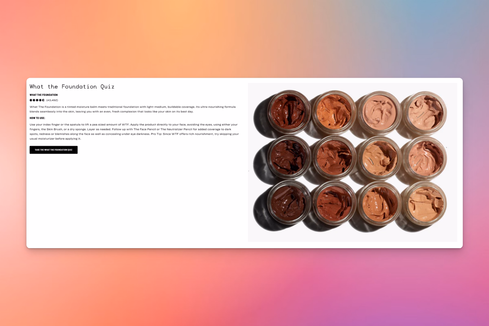 Sixteen open foundation jars in varying skin tones are displayed beside a text section on an ecommerce product page.