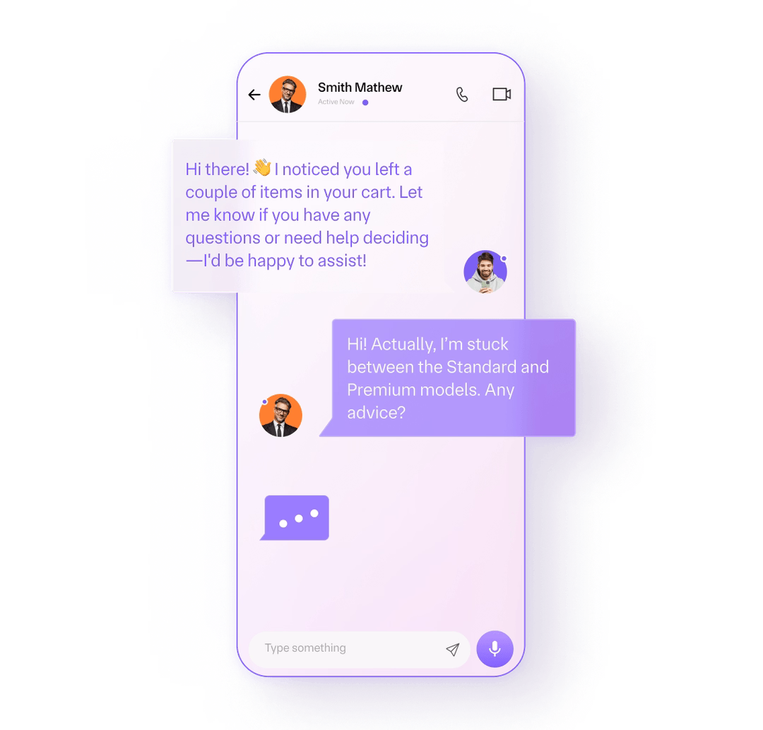 A mobile chat interface shows a conversation between a customer and a representative discussing abandoned cart items. The representative offers assistance, while the customer asks for advice on choosing between Standard and Premium models. The sleek design emphasizes real-time ecommerce support.