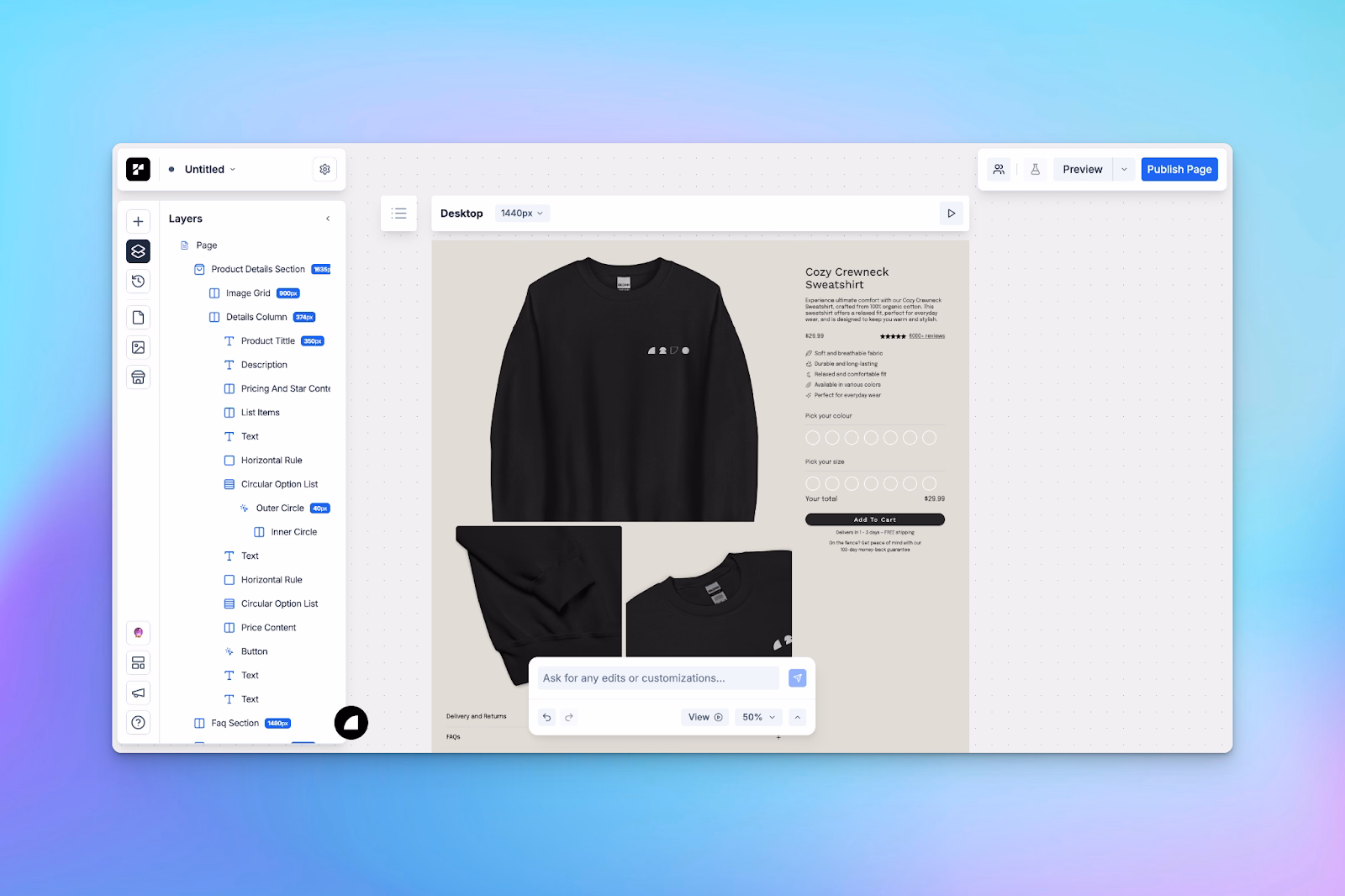 An ecommerce product page editor displaying a black sweatshirt with size, color, price, and layout customization options.