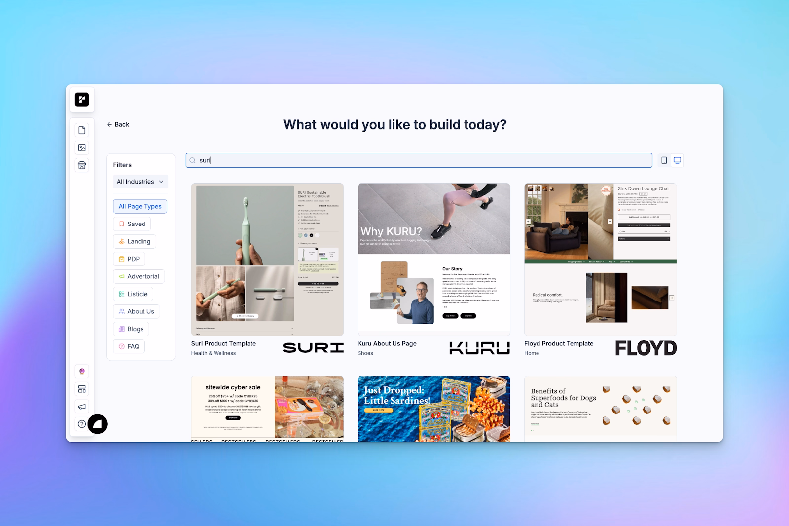 A template library interface for ecommerce landing pages showing product and brand templates, including SURI and KURU examples.