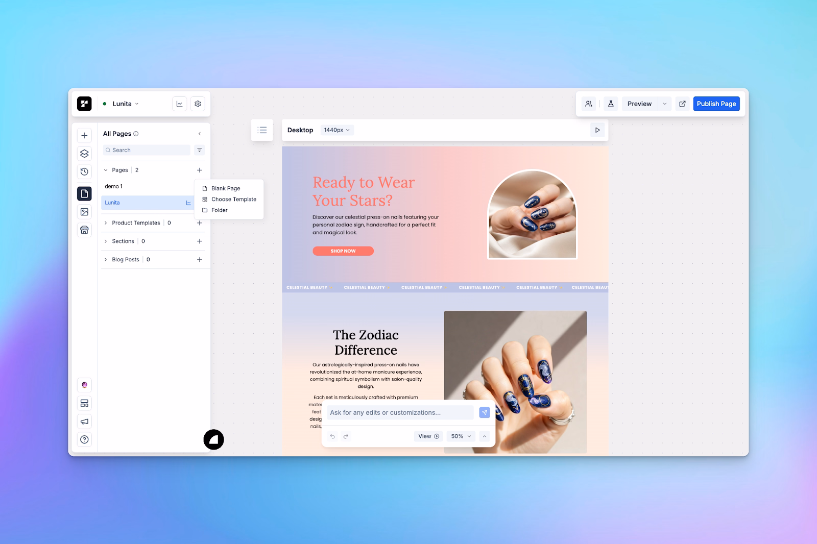 A custom ecommerce landing page editor for celestial-themed press-on nails, displaying drag-and-drop sections and page settings.