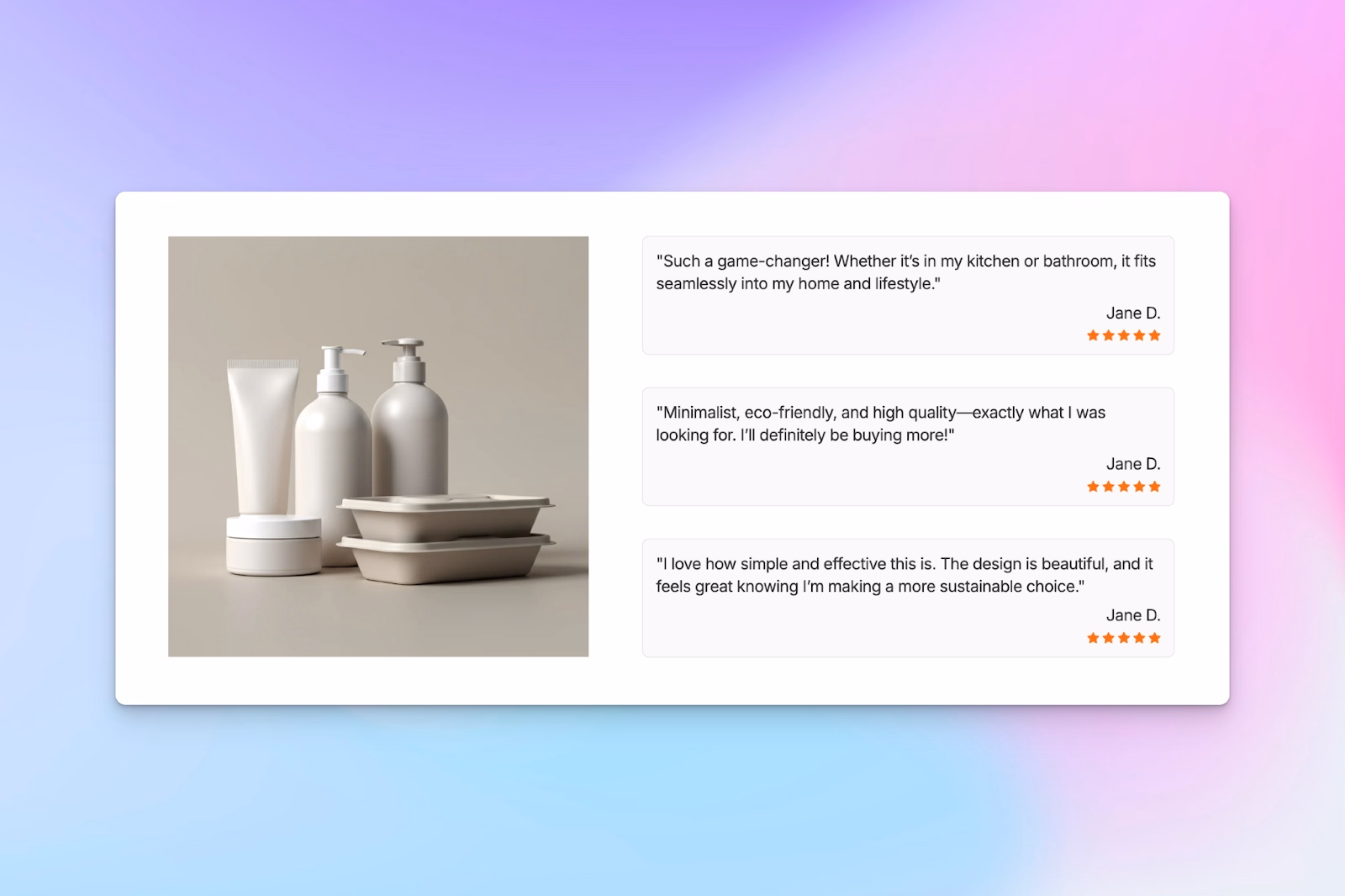An ecommerce product page features minimalist, eco-friendly packaging alongside customer reviews with five-star ratings.