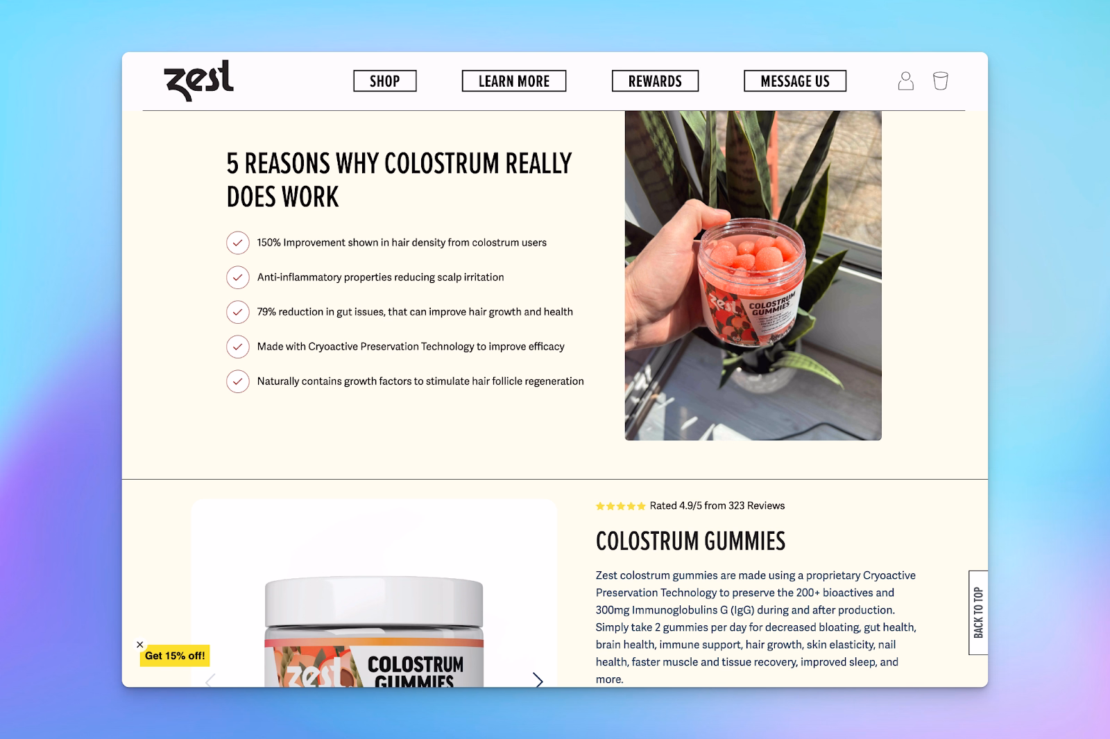 Shopify landing page shows five science-backed reasons colostrum gummies support gut, hair, and scalp health.