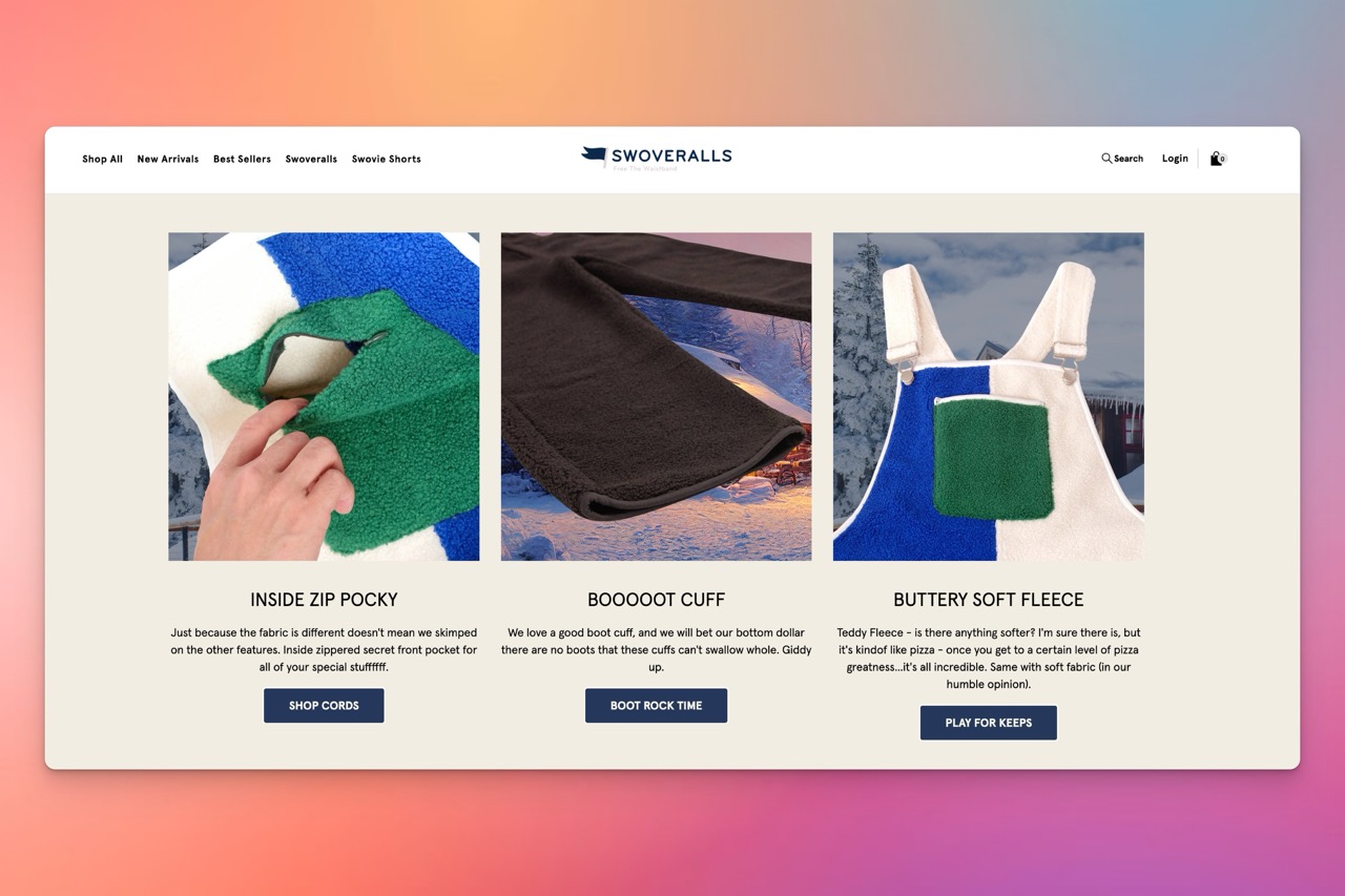 A product showcase for Swovealls highlighting features like a zippered pocket, boot cuffs, and soft teddy fleece fabric.