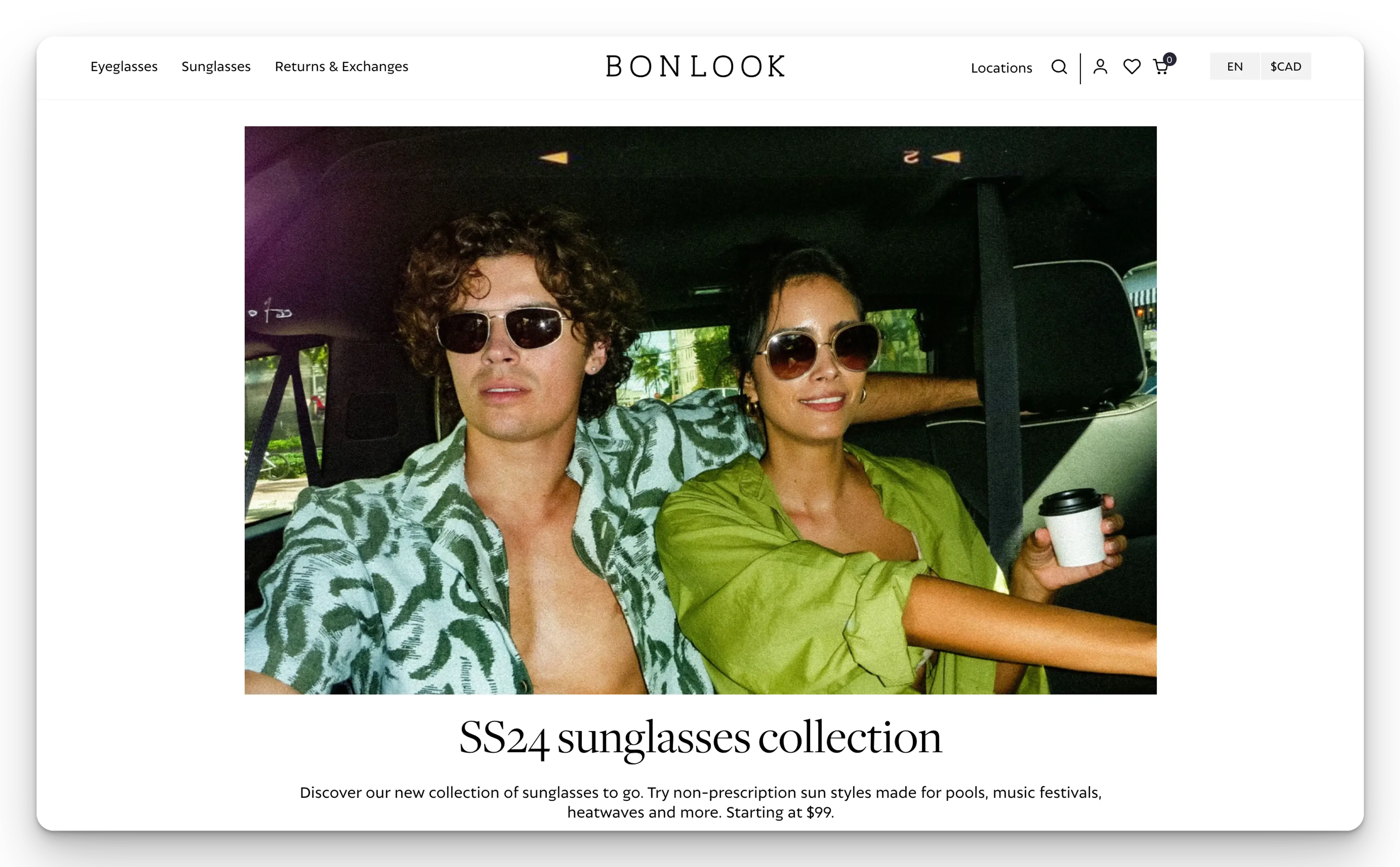 A fashion website banner for BonLook's SS24 sunglasses collection featuring two stylish models in a car.