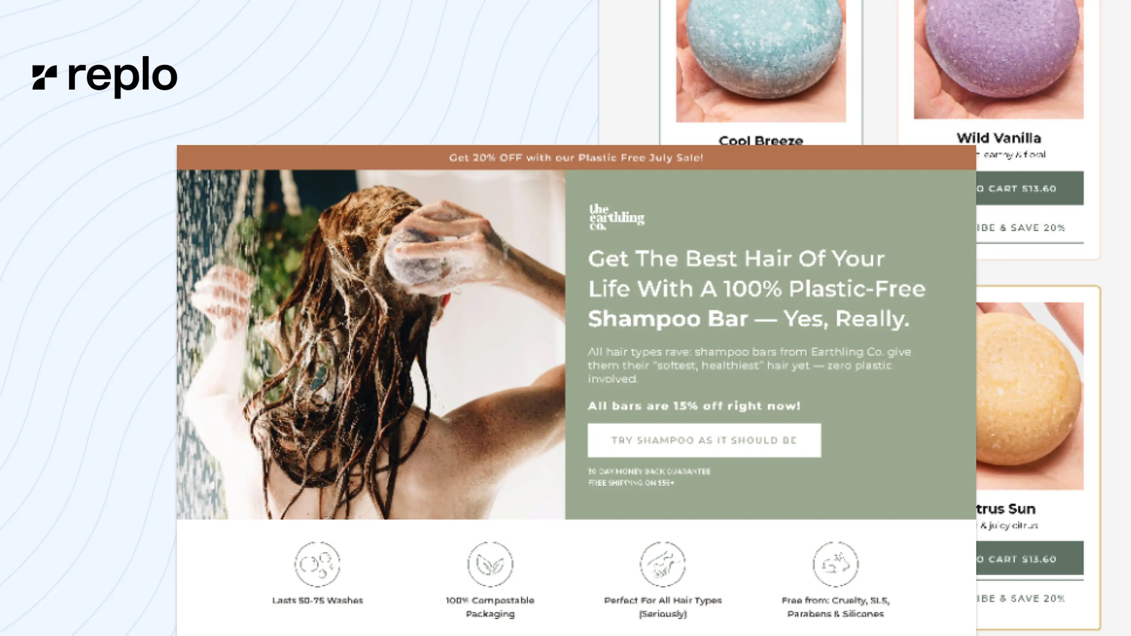 A promotional banner for plastic-free shampoo bars, highlighting sustainability, discounts, and product benefits.