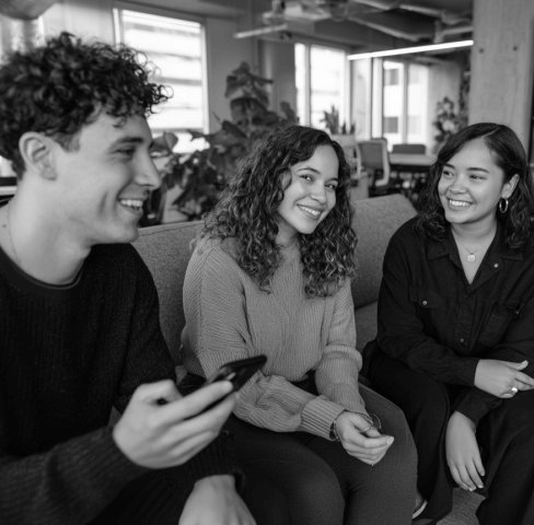 Team Chatting On Sofa With Smartphone In Workspace PromptEngine Webflow Template | BRIX Template