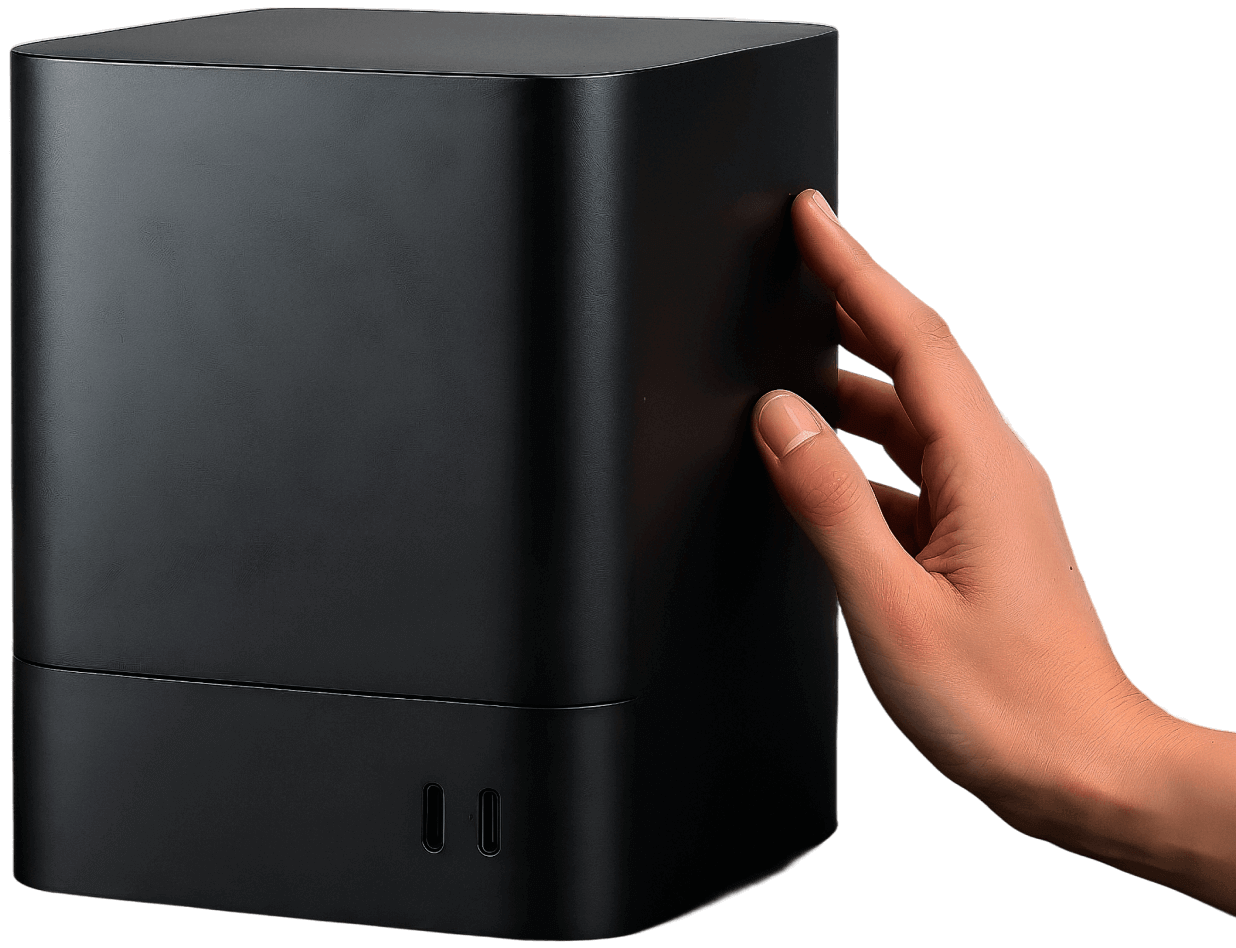 Hand Touching Compact Black Device With USB Ports PromptEngine Webflow Template | BRIX Template