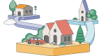 Illustration of a small village with houses, a church, trees, and a red car on a winding road.