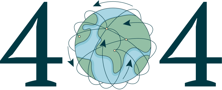 Illustration of Earth between two large number fours, representing a 404 error, with arrows and connection lines circling the globe.