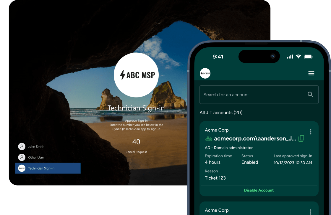 Technician sign-in screen with ABC MSP logo and a countdown number 40, displayed next to a mobile phone showing an account management app for Acme Corp with sign-in details and ticket reason.