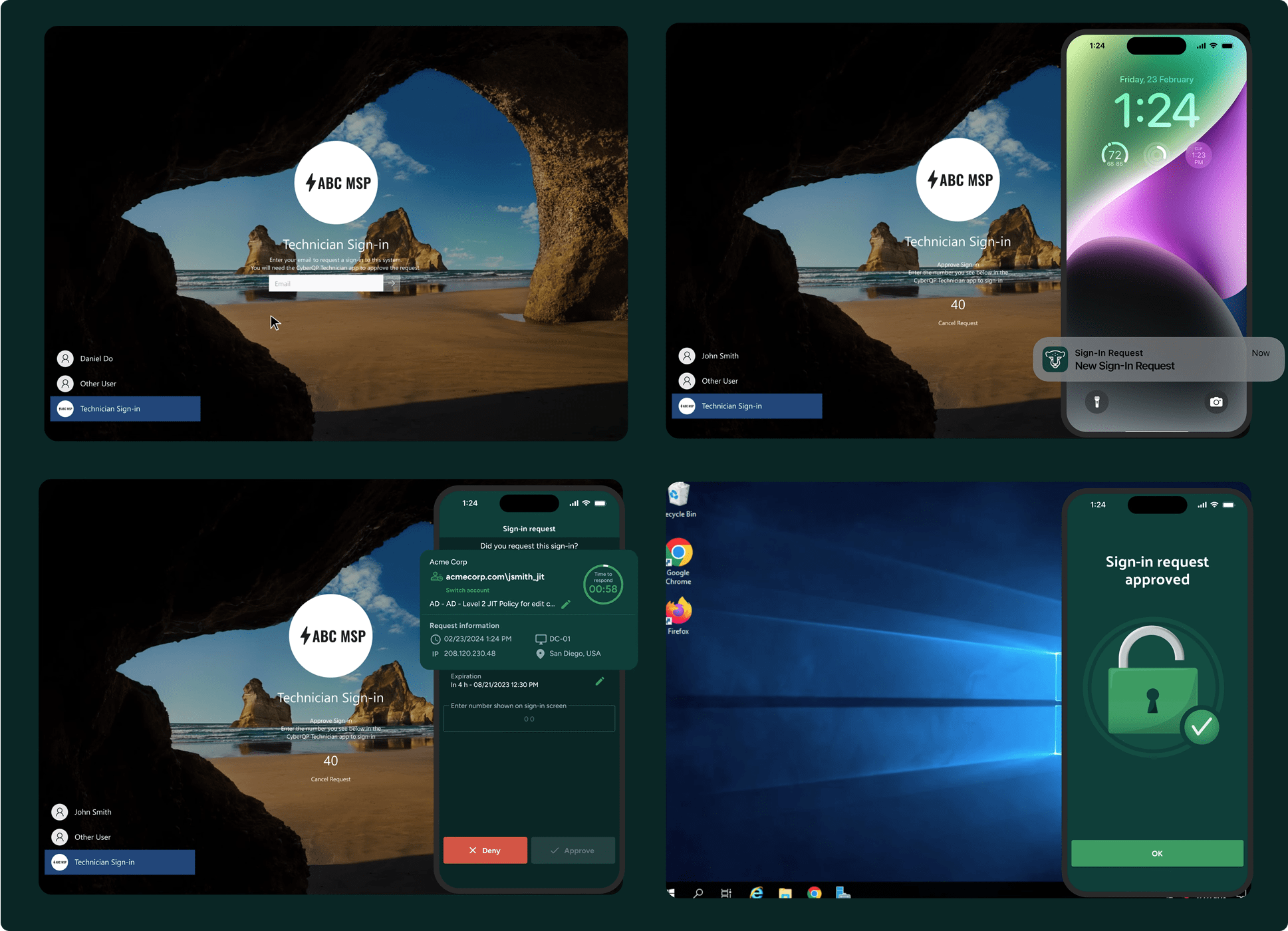 Four screenshots showing a technician sign-in process with a desktop sign-in screen and a mobile phone approving and confirming sign-in requests.