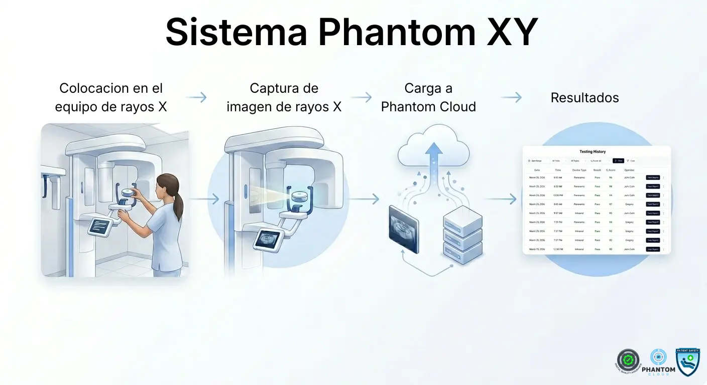 Ilustración que muestra el flujo de trabajo del Sistema Phantom XY, incluida la colocación del fantoma en un equipo de rayos X, la captura de la imagen, la carga segura a Phantom Cloud y los resultados automatizados.