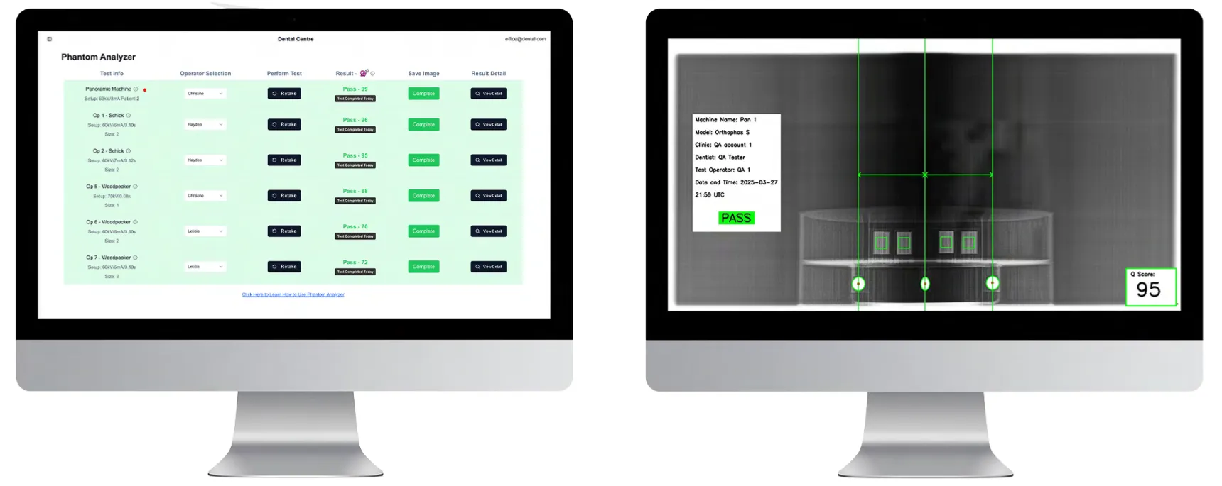 Phantom Analyzer affichant un test réussi et un Q-Score de 95 sur deux écrans