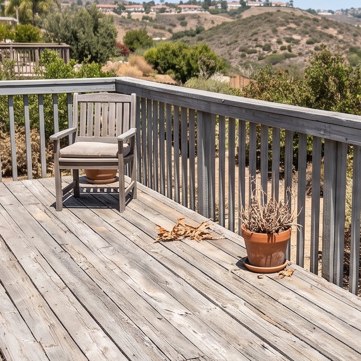 Weathered gray wood deck and railing overlooking the San Diego hills